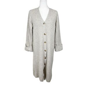 H&M Sweater Women Small Beige Soft Knit Long Button Up Cardigan Wool Blend